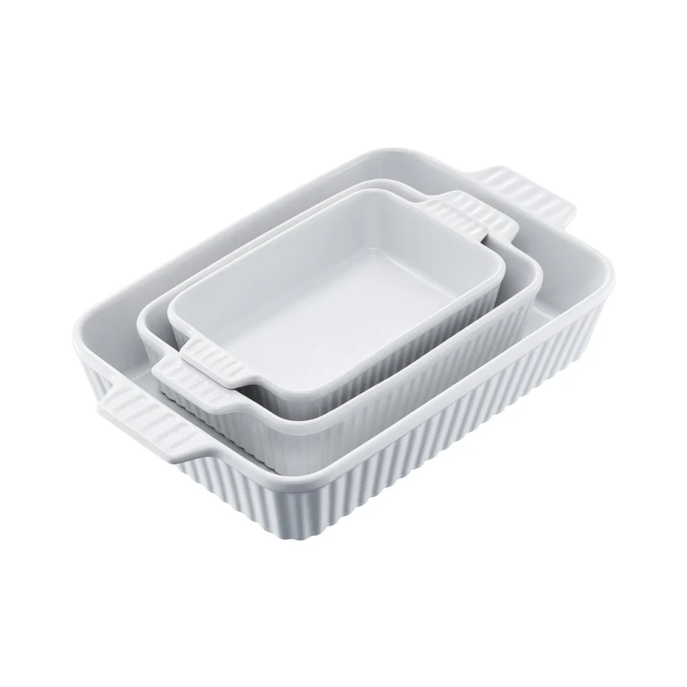 VEVOR Ceramic Baking Dish, 9" x 13", Bakeware Set of 3, Rectangular Casserole Dish Set, Baking Pans with Handles, Oven Secure, Lasagna Pans Deep for Cooking, Thanksgiving & Christmas Present, White