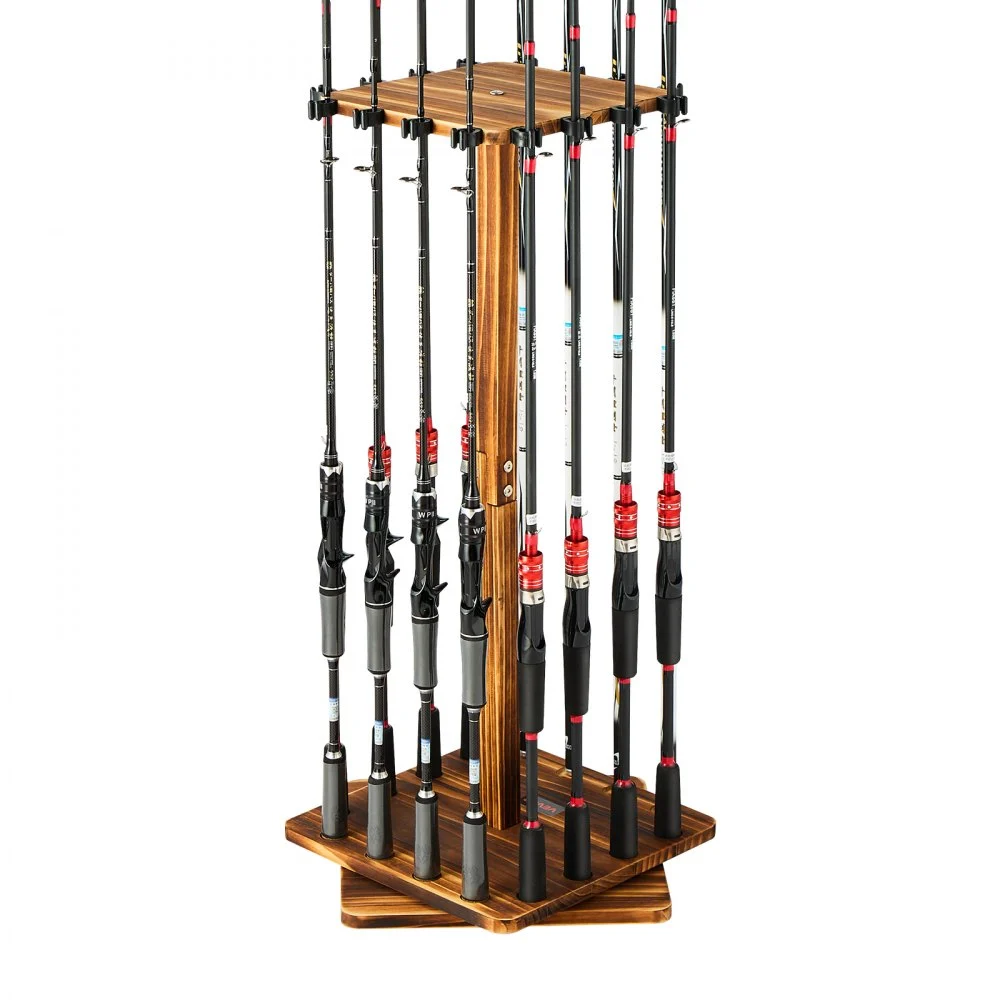 VEVOR Fishing Rod Holders for 16 Fishing Poles, 360° Rotating Wood Fishing Rods Rack for Garage Organization and Storage, Floor Stand Space-Saving Equipment, for Reels Gear Accessories, Gifts for Men