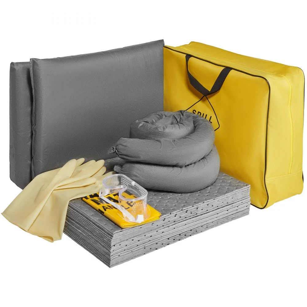 VEVOR Universal Spill Kit, Spill Control Supplies 43 pcs, Includes 30 Universal Sorbent Pads, 2 Universal Sorbent Socks 3"x4', 2 Disposal Pillows, Rubber Gloves, and Bag