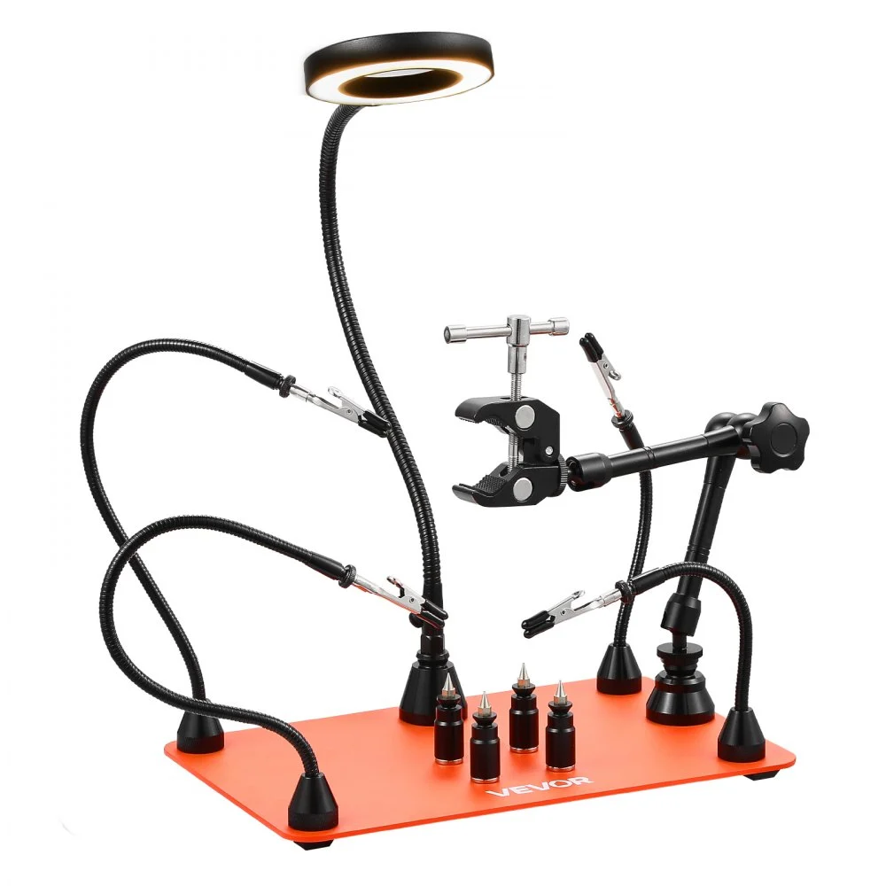 VEVOR Magnetic Helping Hands Soldering Station, Third Hand Soldering Tool with 3X LED Magnifying Lamp, 4 PCB Holders & 360 Hot Air Gun Holder, Heavy-Duty Base Station for Electronic Repair Craft Hobby