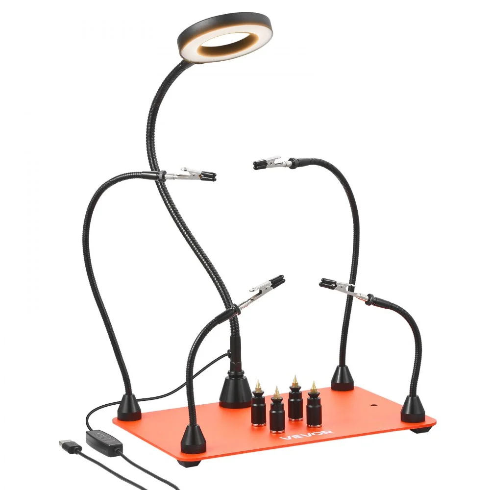 VEVOR Magnetic Helping Hands Soldering Station, 4 Flexible Arms Third Hand Soldering Tool, with 3X LED Magnifying Lamp, 4 PCB  Pillar Holder & Heavy-Duty Base, Electronic Repair Craft Hobby DIY