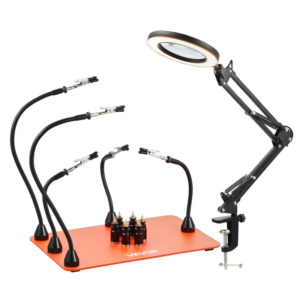 VEVOR Magnetic Helping Hands Soldering Station, 2-In-1 Third Hand Soldering Tool - 3X LED Magnifying Lamp & 5 Flexible Arms, 6 PCB Holders, Heavy-Duty Base Station for Electronic Repair Craft Hobby