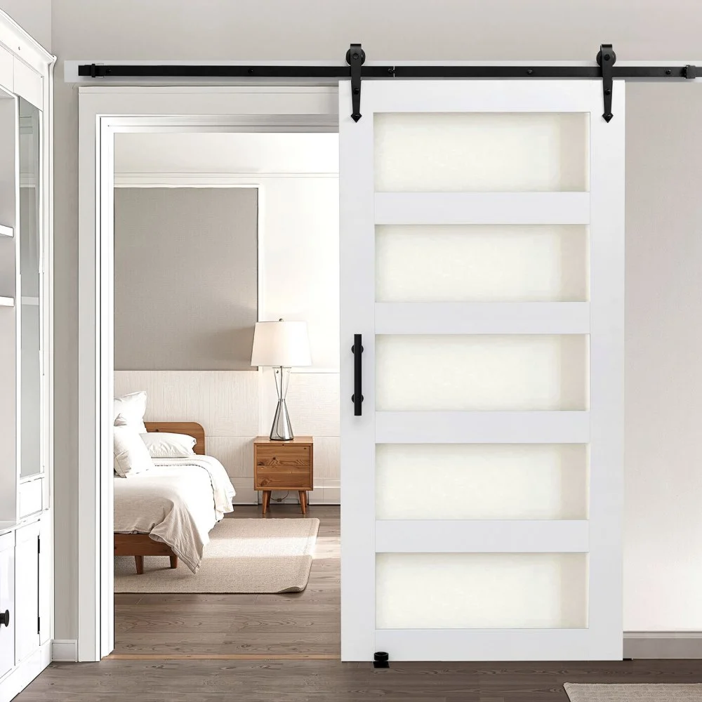VEVOR Sliding Barn Door, 42 x 84 inch, High-Strength MDF Panel and Glass, Barn Door with Hardware Kit, Water-Proof PVC Surface, Easy to Install, H-Frame, Smoothly and Quietly Sliding for Living Room