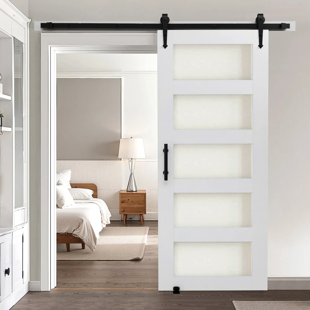 VEVOR Sliding Barn Door, 32 x 84 inch, High-Strength MDF Panel and Glass, Barn Door with Hardware Kit, Water-Proof PVC Surface, Easy to Install, H-Frame, Smoothly and Quietly Sliding for Living Room