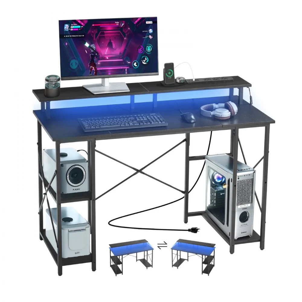VEVOR 47" Gaming Desk with LED Lights & Power Outlets, Computer Desk with Monitor Stand & 2-Tier Storage Sheves, Study Work for Home Office, Black
