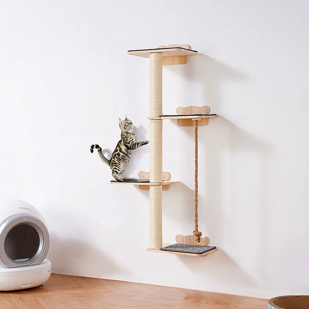 VEVOR 4 Tiers Tall Cat Tree, Cat Wall Furniture Set with 4 Jumping Boards, Wall-Mounted Cat Floating Shelf up to 40 lbs, 12 mm Pine Wood Cat Perch for Sleeping, Playing, and Climbing