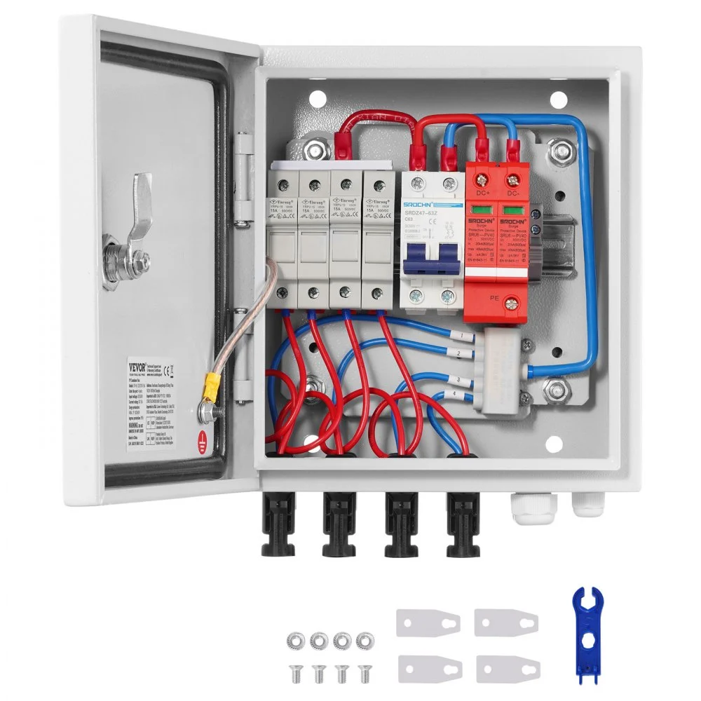 VEVOR PV Combiner Box, 4 String, Solar Combiner Box with 15A Rated Current Fuse 63A Circuit Breaker Lightning Arrester and Solar Connector, Steel Case for On / Off Grid Solar Panel System, IP65