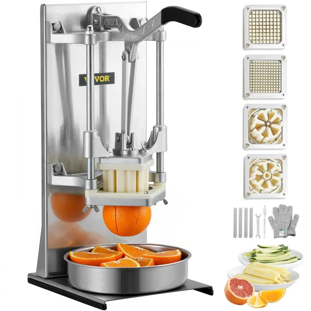 VEVOR Commercial French Fry Cutter with 4 Replacement Blades, 1/4″ and 3/8″ Blade Easy Dicer Chopper, 6-wedge Slicer and 6-wedge Apple Corer, Lemon Potato Cutter for French Fries with Extended Handle