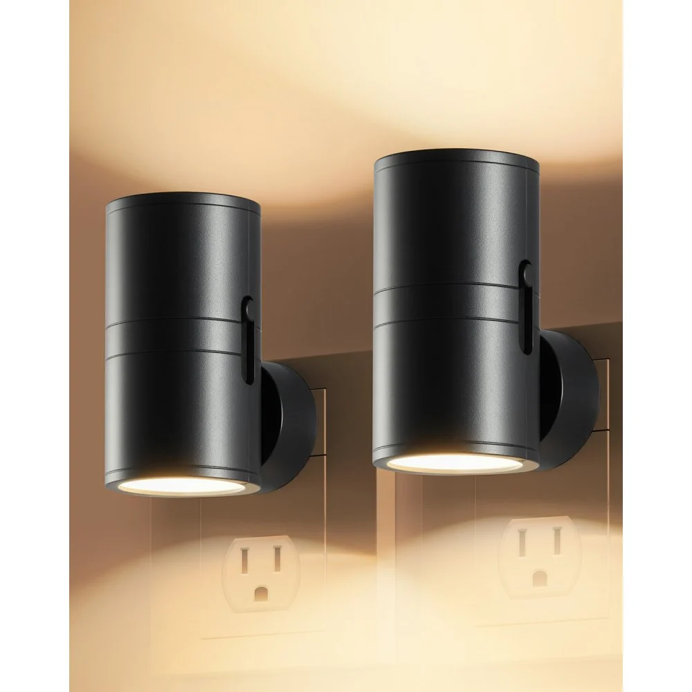 VEVOR LED Night Lights, 0-60LM Adjustable Brightness, Modern Night Lights Plug into Wall, Dusk to Dawn Sensor, 3000K Soft Warm White for Hallway Bathroom Stairway Bedroom, Black, 2 Pack