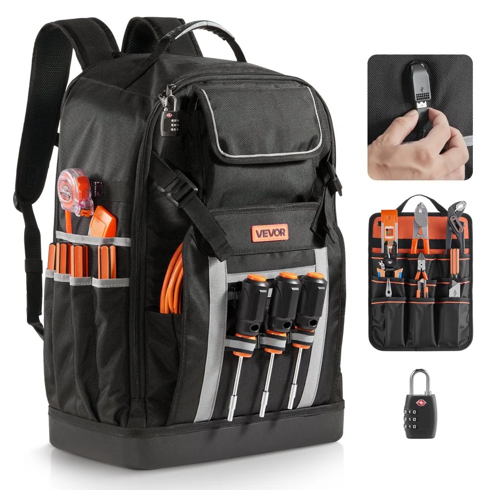 VEVOR Tool Backpack, 56 Pockets, Heavy-duty Tools Storage Organizer Bags with Molded Base, Electrician Jobsite Backpack for Construction Jobsite, Electrician, Industrial, Repairman, and HVAC Techs