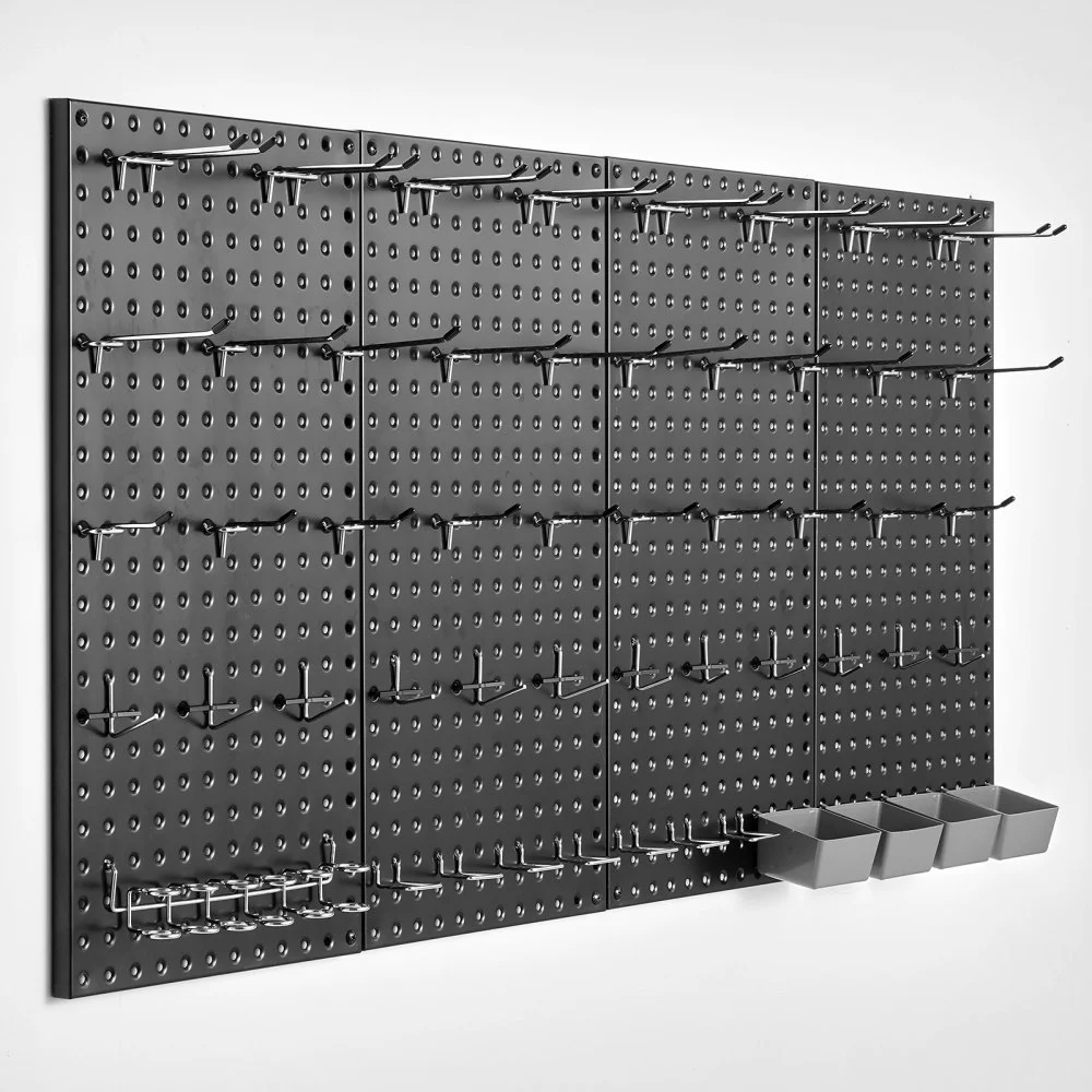 VEVOR Metal Pegboard Panels, 24" x 12" Pegboard, 4 Panels, Heavy Duty Peg Board Wall Organizer with Accessories, for Living Room Garage Tool Storage Office Organization Craft Room Kitchen Home, Black