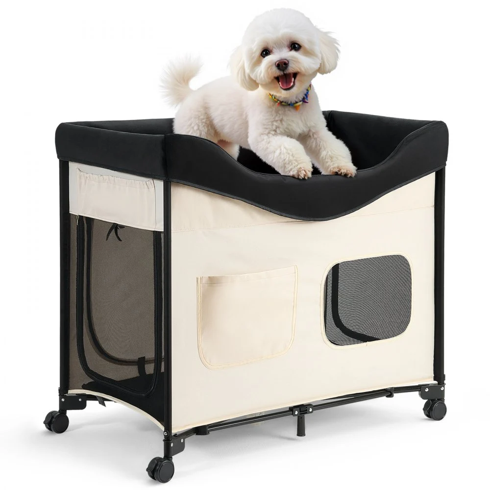VEVOR Elevated Lounge Pet Bed, Foldable Bunk Dog Bed with 600D Oxford Cloth and Dutch Velvet, Portable Raised Cot with Wheels, Side Storage Bags, and Carry Bag for Cats & Dogs, L, Beige