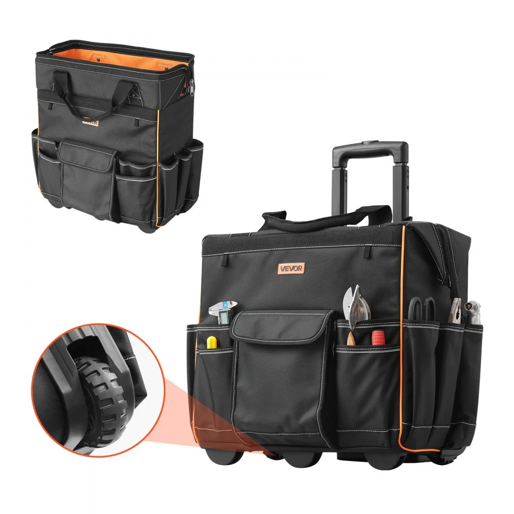 VEVOR Rolling Tool Bag, 110 lbs Load Capacity, 25 Pockets Heavy Duty Roller Tool Bag with Adjustable Telescoping Handle & Stable Base, Toolbag Organizers with Wheels for Electrician, Construction