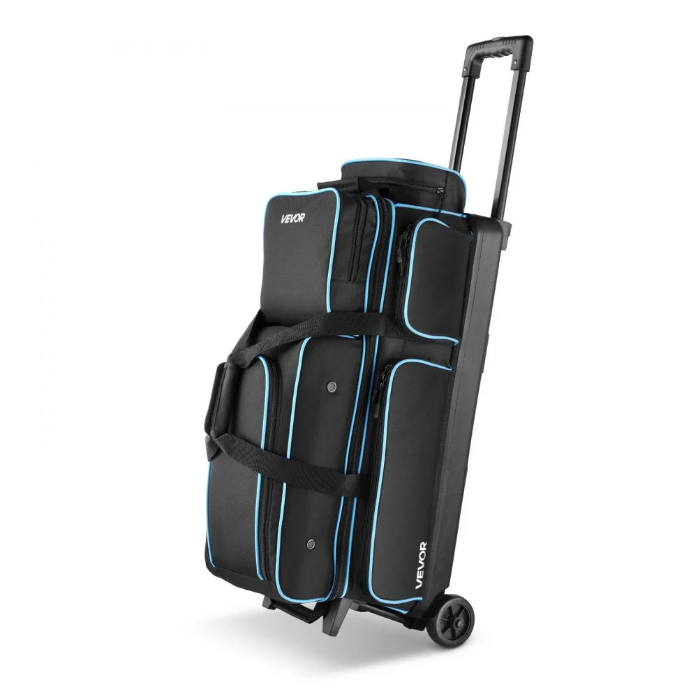 VEVOR Bowling Ball Bag, 3 Ball Double Roller Bowling Bag with Wheels, Featuring a Separate Compartment for Shoes (Up To US Size 16) & Oversized Accessory Pocket, Retractable Handle Extends to 41.34 in