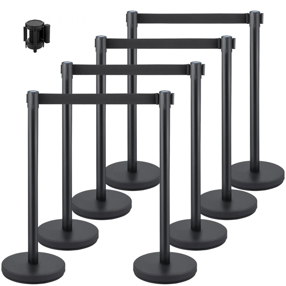 VEVOR Crowd Control Stanchion, Set of 8 Pieces Stanchion Set, Stanchion Set with 6.6 ft/2 m Black Retractable Belt, Black Crowd Control Barrier with Concrete and Metal Base – Easy Connect Assembly