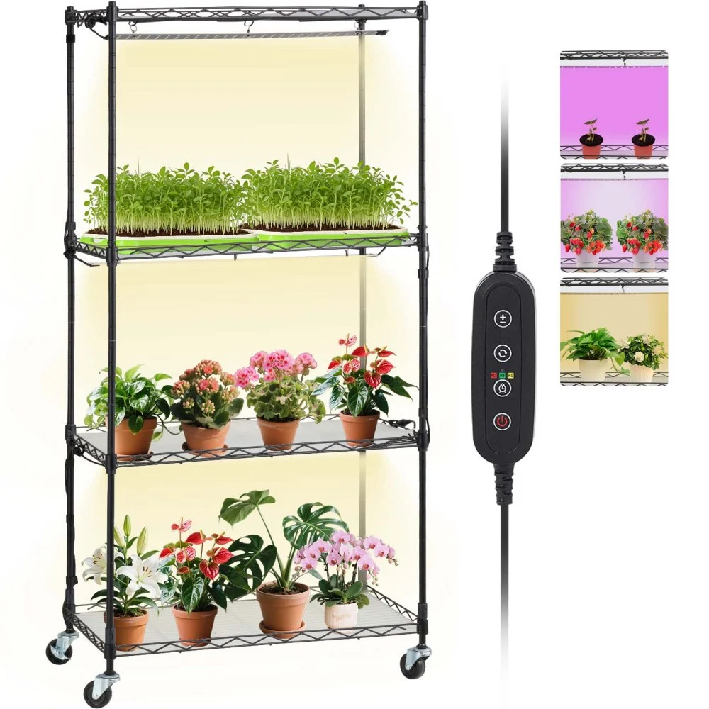 VEVOR Plant Stand with Grow Light, 4-Tier Plant Shelf with 45W Full Spectrum Grow Light, 3 Mode Plant Light with Timer and Wheel for Seed Starting, Metal Grow Light Shelf for Indoor Plants