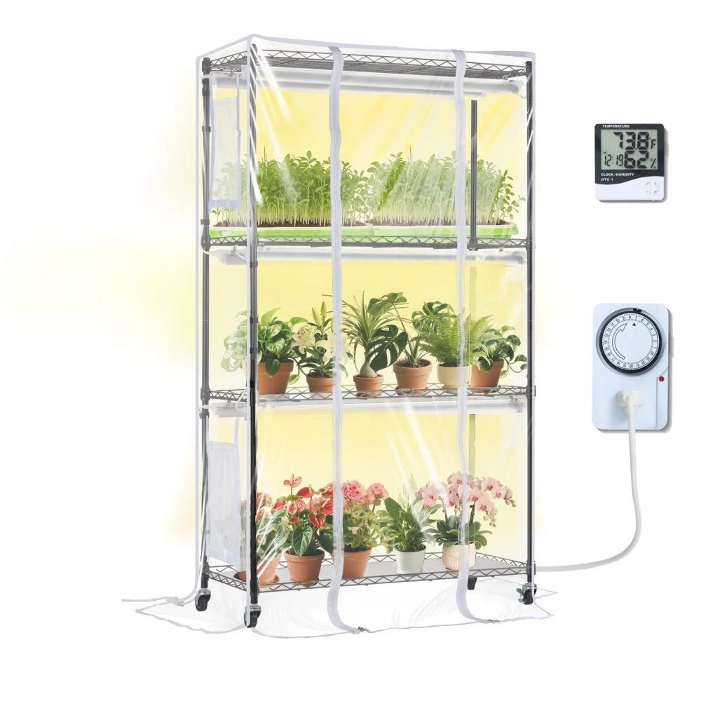 VEVOR Plant Stand with Grow Light, Grow Light Shelf with Cover and Thermometer, 4 Tiers 180W Plant Shelf with Grow Light, Full Spectrum Light Mini Greenhouse Plant Stand with Timer for Seed Starting