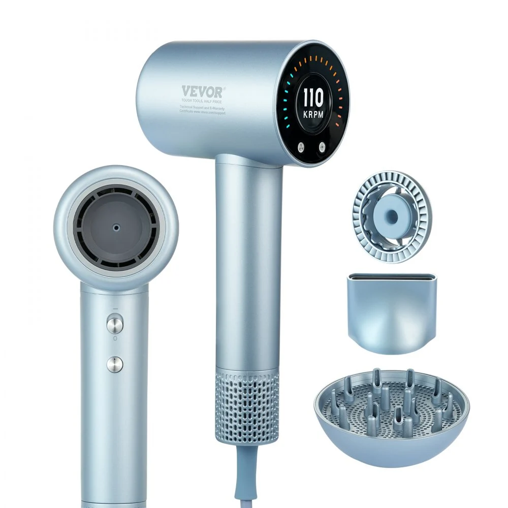 Clearance
VEVOR High-Speed Hair Dryer with 105,000RPM Brushless Motor, 200 Million Negative Ions Hair Blow Dryer, 4 Temps & 3 Speeds, LCD Display Thermo-Control Hairdryer with Diffuser & Nozzle for Home Travel