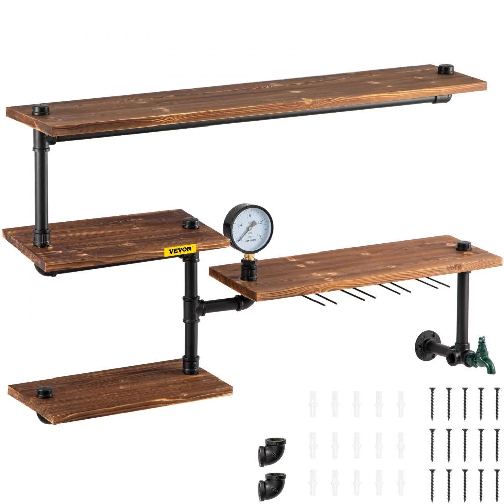 VEVOR Pipe Shelving, Industrial Floating Shelves with 4-Tier Solid Wood Planks, Modern Rustic Floating Shelves Wall Mounted, DIY Storage Bracket for Bookshelf, Kitchen, Bathroom, Home Decor, Brown