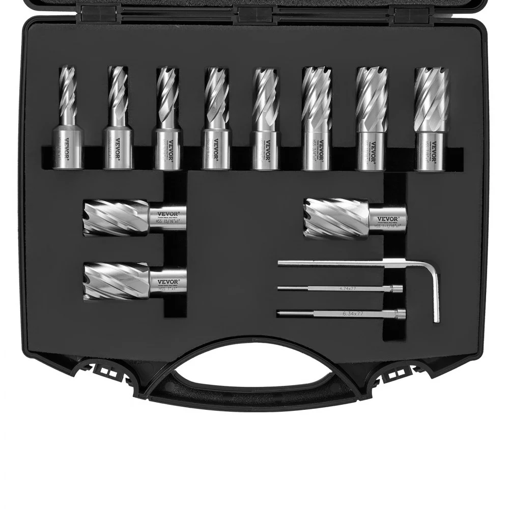 Summer Sale
VEVOR Annular Cutter Set, 13 pcs Weldon Shank Mag Drill Bits, 7/16" to 1-1/16" Cutting Diameter, 1" Cutting Depth, M2AL HSS, 2 Pilot Pins, Hex Wrench and Portable Case, for Using with Magnetic Drills