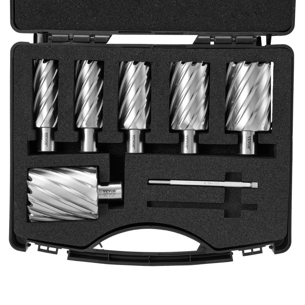 Summer Sale
VEVOR Annular Cutter Set, 6 pcs Weldon Shank Mag Drill Bits, 1" to 2" Cutting Diameter, 2" Cutting Depth, M2AL High-Speed Steel, with 2 Pilot Pins and Portable Case, for Using with Magnetic Drills