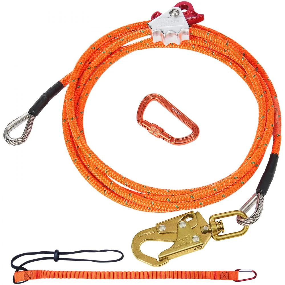 VEVOR 12.7mm Steel Core Flipline, 16ft(4.8m)Arborist Flipline for Tree Climbing with Alloy Steel Snap Hook & Aluminum Alloy Carabiner, 30KN Breaking Tension for Fall Protection, Tree Climber