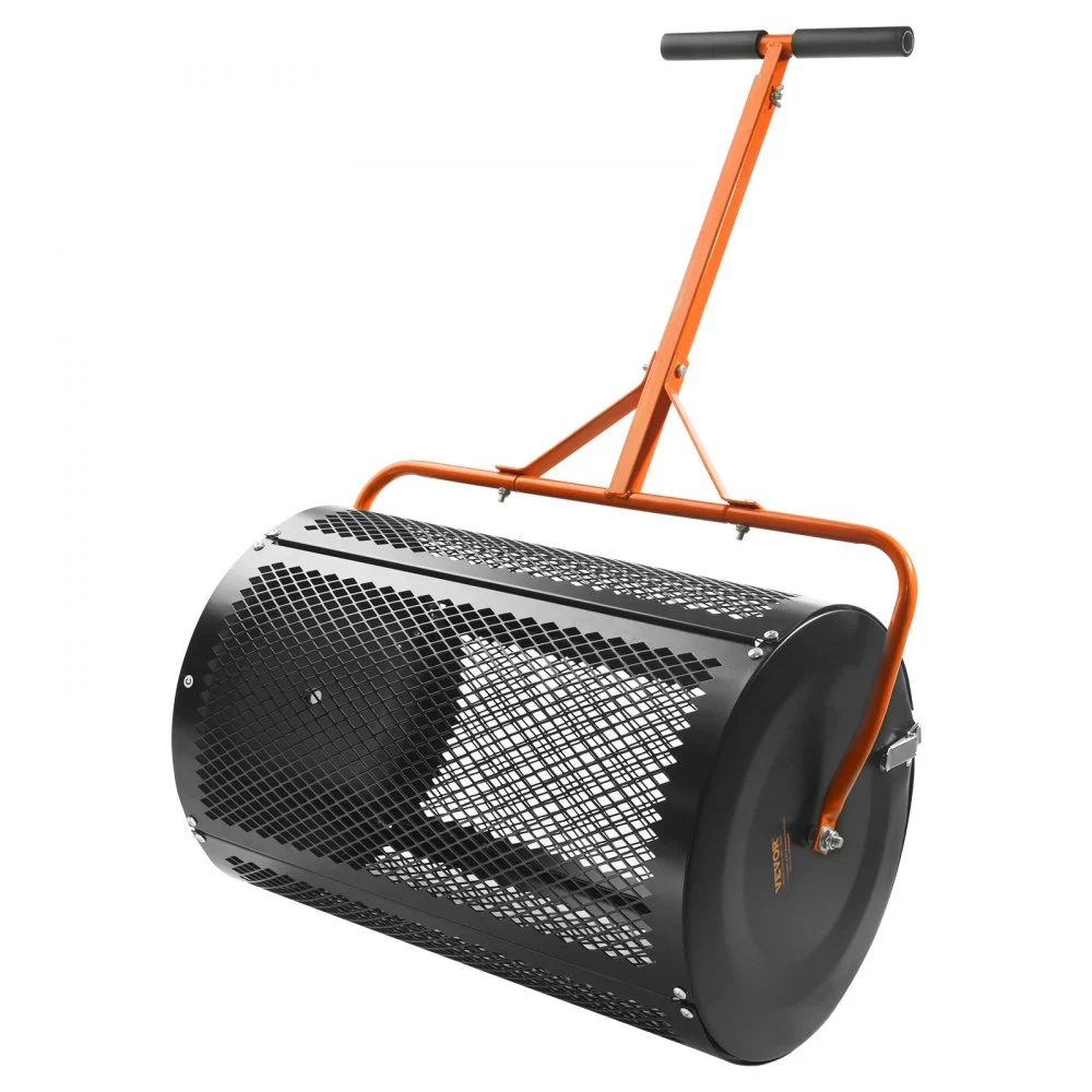 VEVOR Compost Spreader and Peat Moss Spreader, 24" Roller Lawn Spreader with Height Adjustable T Shaped Handle, Steel Mesh Basket Garden Spreader with Side Latches, for Spreading Manure Topsoil, Black