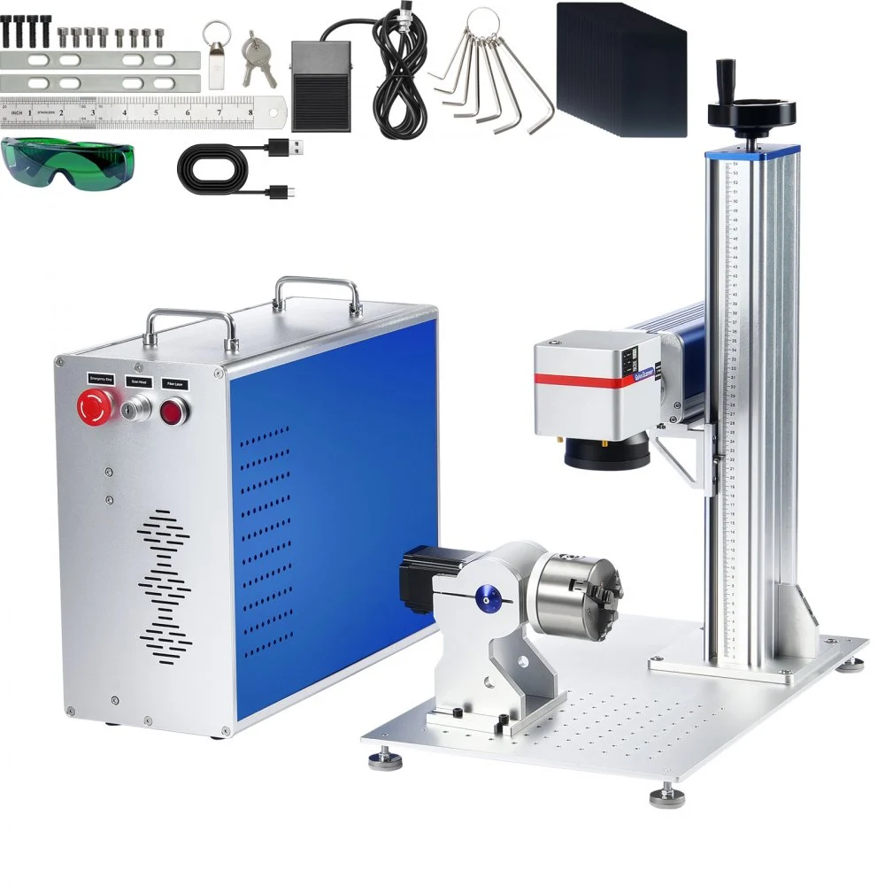 VEVOR Fiber Laser Marking Machine, 100W Compatible with LightBurn, MOPA Color Fiber Laser Engraver, 6.9" x 6.9" Working Area with Rotary Axis, Solid State Laser Machine for Aluminum Steel Jewelry Gold