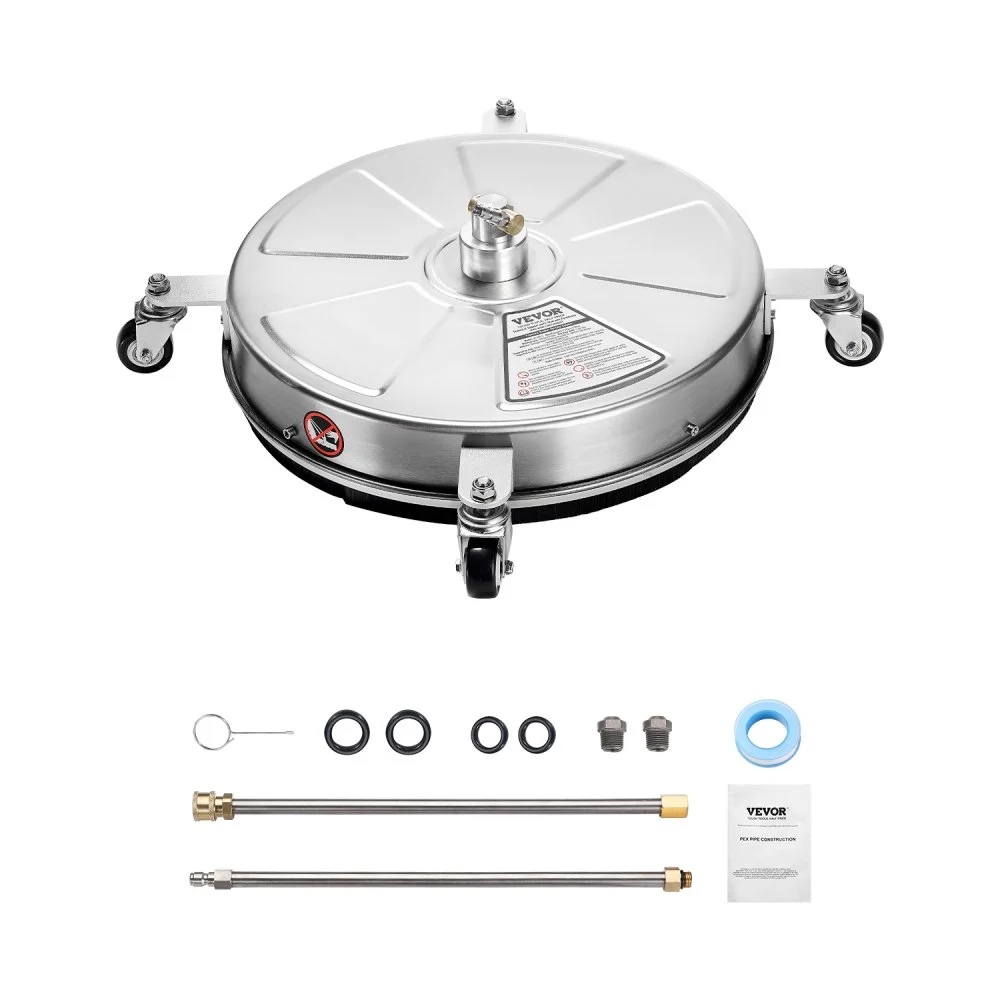 VEVOR 18" Pressure Washer Surface Cleaner, Stainless Steel Pressure Washer Attachments with 4 Wheels, 4000 Max PSI, 1/4 Quick Connector, 2 Spray Nozzles, 2 Extended Wands for Concrete, Patio, Deck