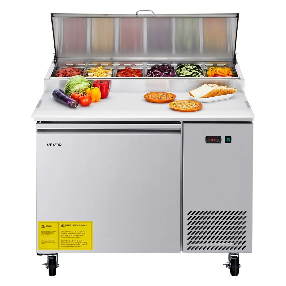 VEVOR Commercial Refrigerator, 44" W Pizza Prep Refrigerated Table, 20" Ultra Wide Countertop Food Prep Worktable, 11 Cu.Ft Single Door Salad Prep Fridge, 6 Pans Pizza Make Worktop with Cutting Board