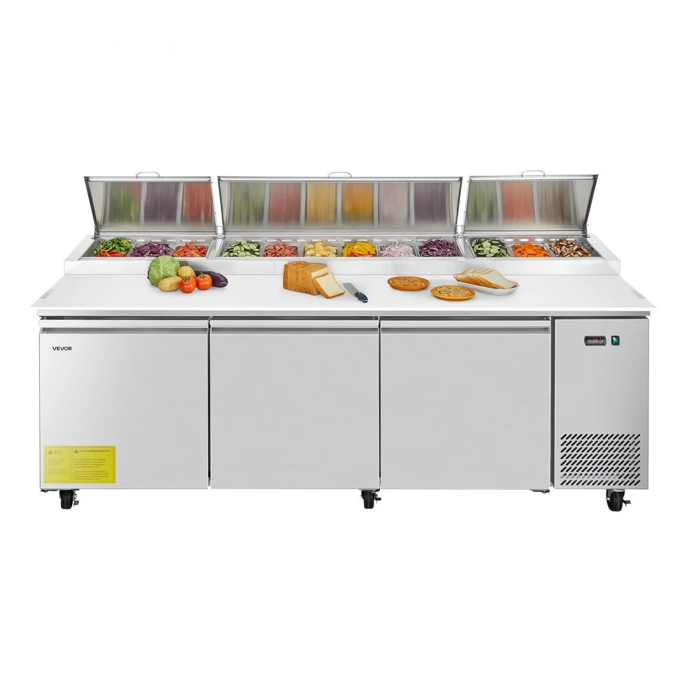 Summer Sale

        
               VEVOR 93"W Commercial Refrigerator, Pizza Prep Refrigerated Table, 20" Ultra Wide Countertop Food Prep Worktable, 30.8 Cu.Ft Single Door Salad Prep Fridge, 12 Pans Pizza Make Worktop with Cutting Board