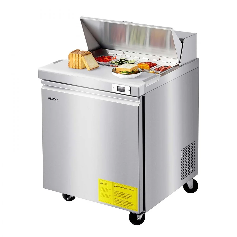 VEVOR 28"W Commercial Refrigerator, 7.1 Cu. Ft Sandwich Prep Refrigerated Table, Mega Top Food Prep Fridge with 8 Pans and Cutting Board, Stainless Steel Salad Prep Cooler for Restaurant, Food Truck