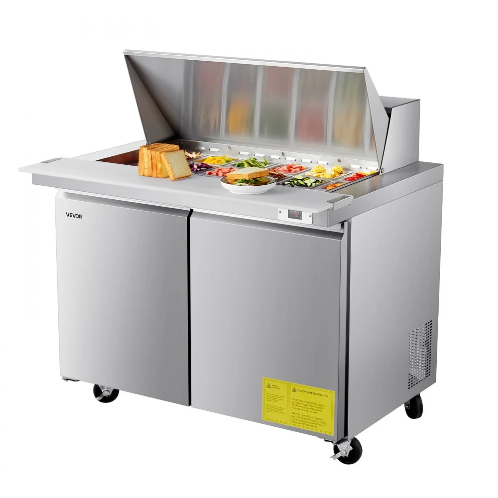 VEVOR 48"W Commercial Refrigerator, 12.5 Cu. Ft Sandwich Prep Refrigerated Table, Mega Top Food Prep Fridge with 18 Pans and Cutting Board, Stainless Steel Salad Prep Cooler for Restaurant, Food Truck