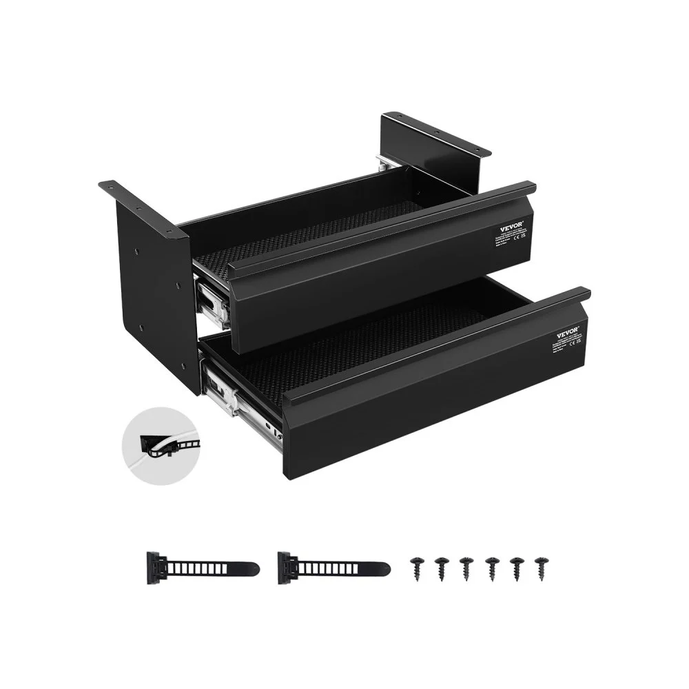 VEVOR 16" Wide Under Desk Drawer Slide Out, Under Desk Mounted Pull-out Drawer Attachment, Hidden Desktop 2 Layer Storage Organizer, Under Table Pencil Drawer for Home Sit Stand Workstation, 18x9x8 in