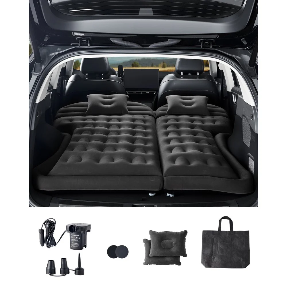 VEVOR Car Air Mattress, Inflatable Car Camping Mattress, Flocking Thickened Travel Beds, Durable Portable Sleeping Pad with Air Pump, 2 Pillows, Nozzle, Carry Bag, Fits Most SUV MPV Sedan, Black