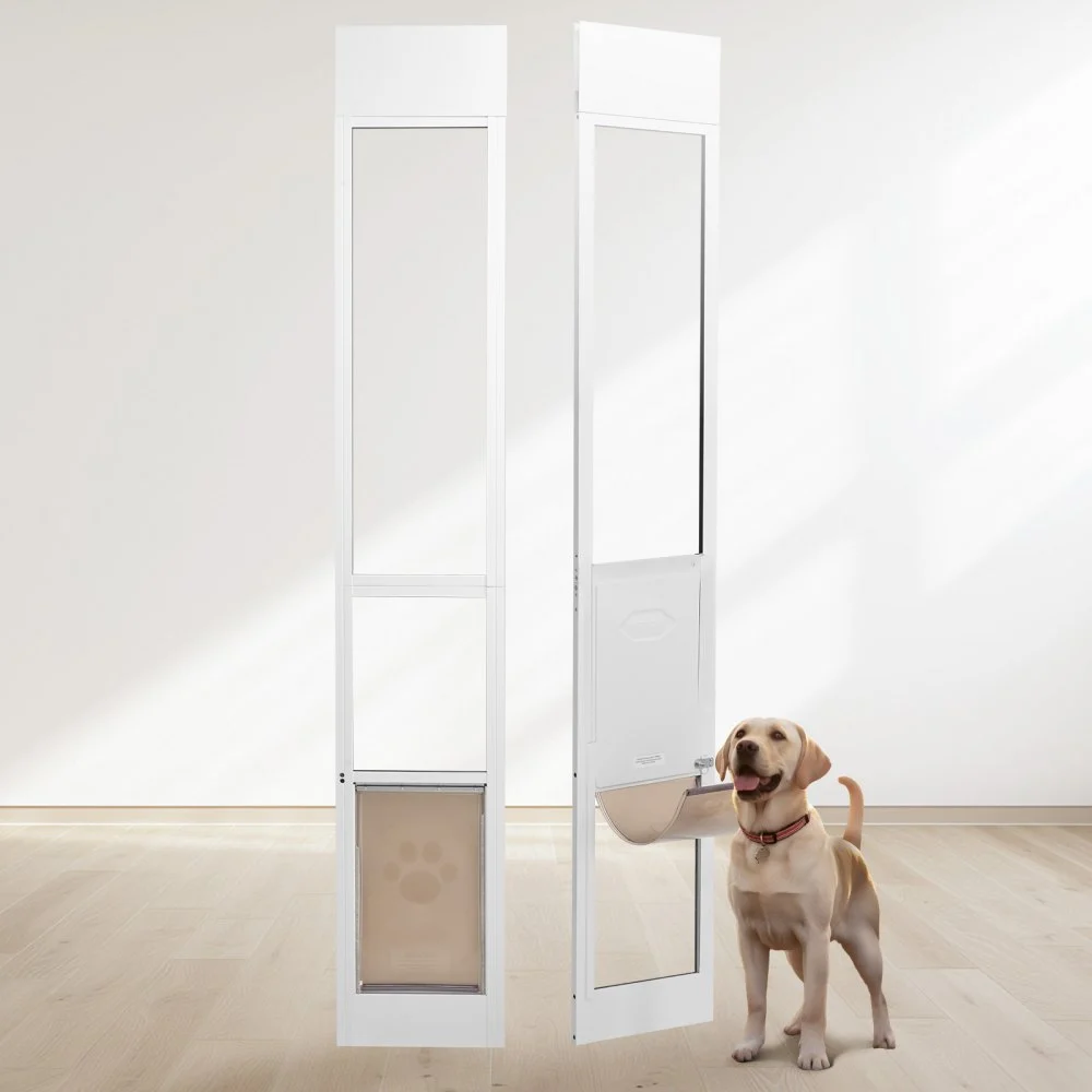 VEVOR Dog Door for Sliding Glass Door, 75 7/8"-80 11/16" Adjustable Height Doggy Door for Sliding Doors, Aluminum Frame Tempered Glass Pet Door with Hinge Structure Flap and Lock for Medium-Sized Dogs