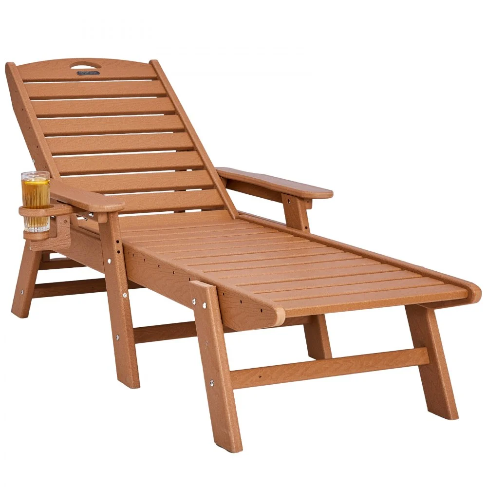 VEVOR Chaise Lounge Chair, 400 lbs Weight Capacity, 6 Positions Adjustable Patio Lounge Chair, Outdoor HDPE Lounge Chair with Backrest & Cup Holder, for Pool Poolside Deck Backyard Lawn, Brown