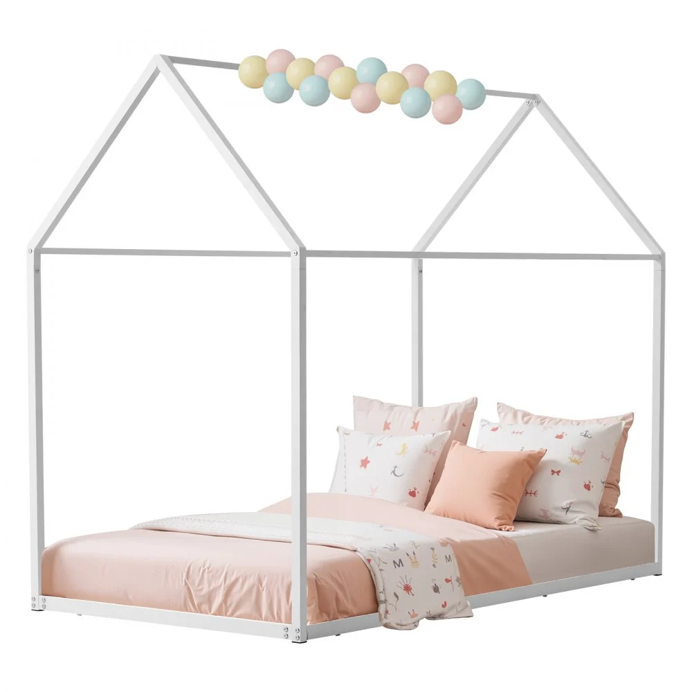VEVOR Twin Size House Bed Frame, Metal Kids Floor Bed Frame with Roof, Heavy Duty Steel Slats Support, House Shape Bedframe for Girls and Boys, No Box Spring Needed, Easy Assembly, White