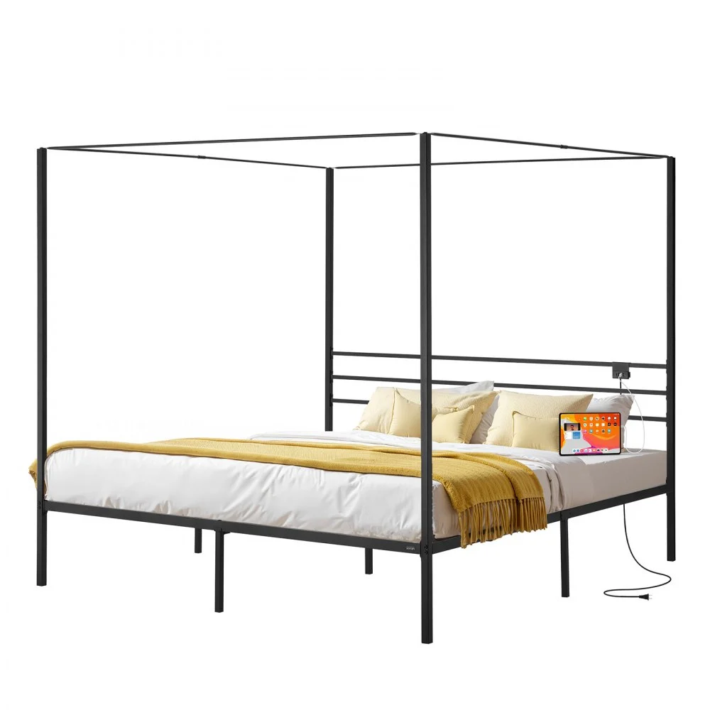 VEVOR King Size Canopy Bed Frame, Metal Canopy Bed with Charging Station and Four Posters Design, Heavy Duty Steel Slats Support, Underbed Storage Space, No Box Spring Needed, Easy Assembly, Black
