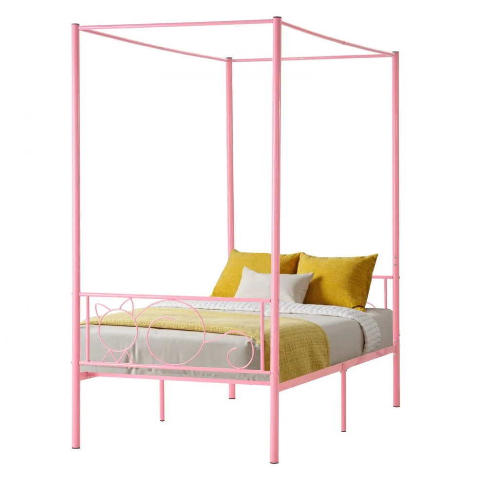 VEVOR Twin Size Canopy Bed Frame, Metal Canopy Bed with Minimalist Headboard & Four Posters Design, Heavy Duty Steel Slats Support, Underbed Storage Space, No Box Spring Needed, Easy Assembly, Pink