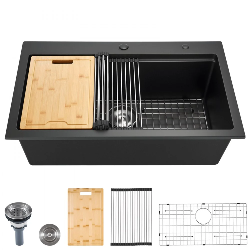 Summer Sale

        
               VEVOR 33 inch Kitchen Sink Workstation, Top Mount Granite Sinks, Drop-In Single Bowl Farmhouse Basin with Multiple Accessories, Household Dishwasher Sink for RV, Prep Kitchen, and Bar (Black)