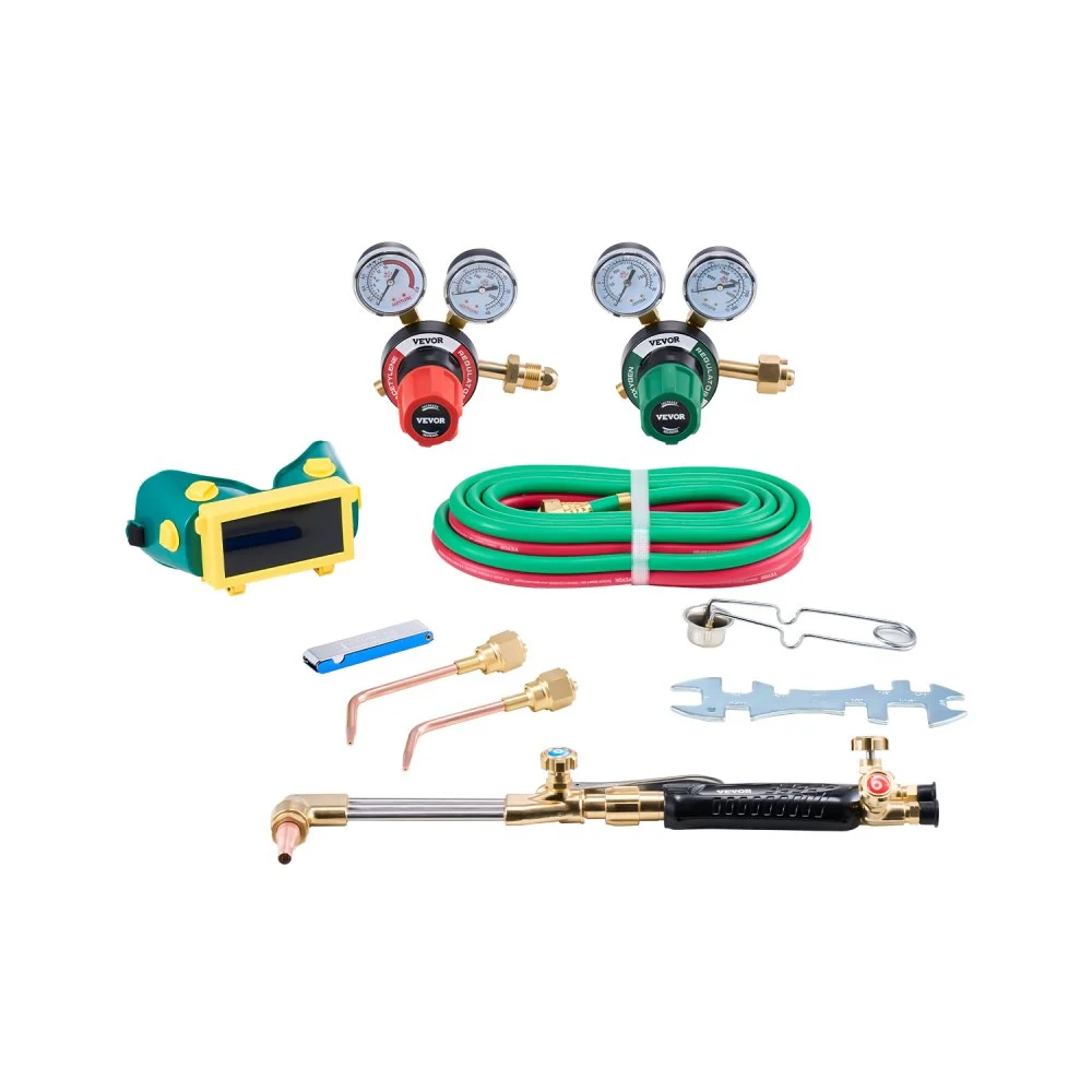 VEVOR Oxygen Acetylene Torch Kit, Gas Welding Cutting Torch Kit, 12PCS Oxy Acetylene Brazing Tool Set with 177 inches Twin-Hose, 1 Cutting Nozzle, 2 Welding Tips & 2 Regulators (without Gas Cylinder)