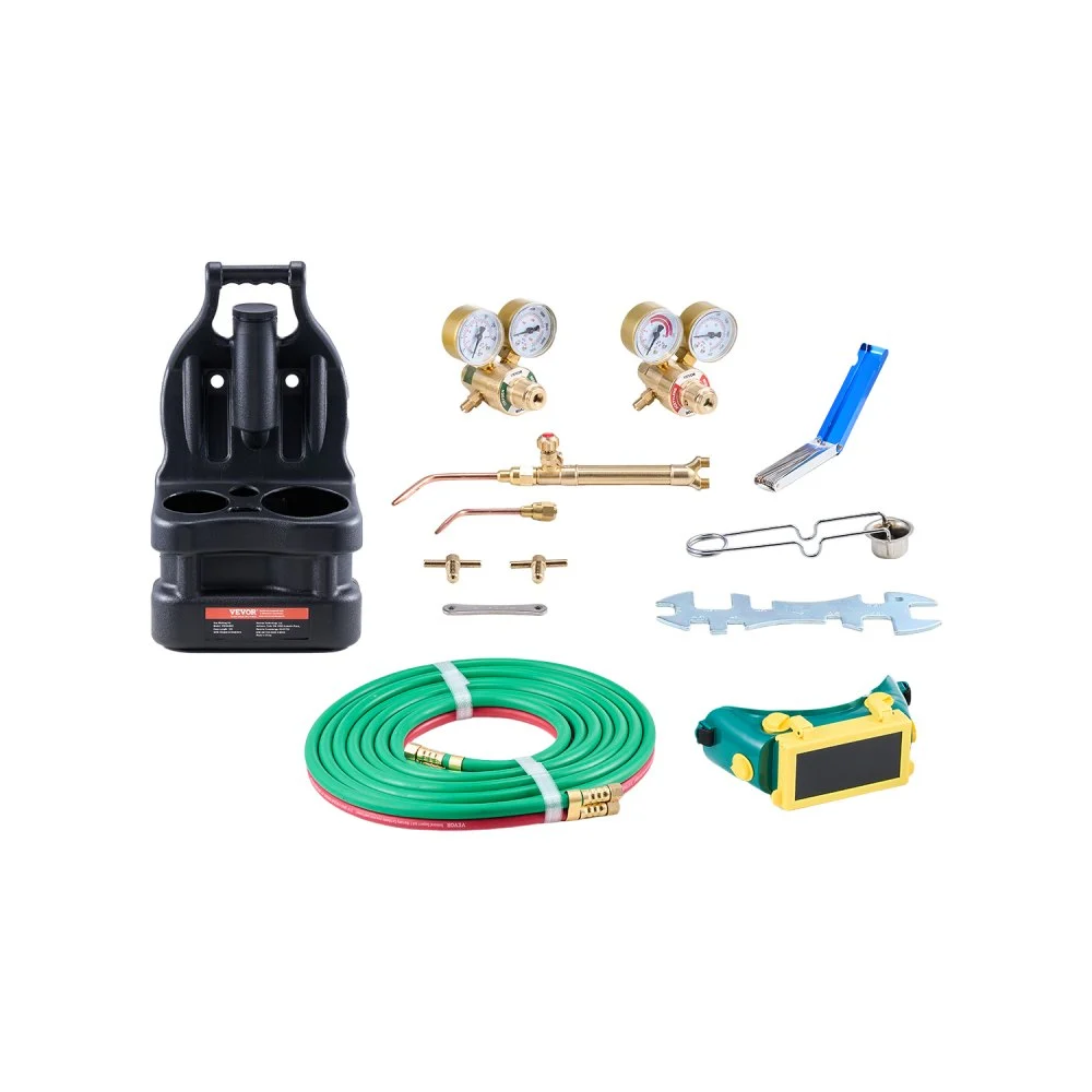 VEVOR Oxygen Acetylene Torch Kit, Gas Welding Torch Kit, 14PCS Portable Oxy Acetylene Brazing Set with 177'' Twin-Hose, 2 Welding Tips, Welding Torch, 2 Regulators, Cylinder Holder (without Cylinder)