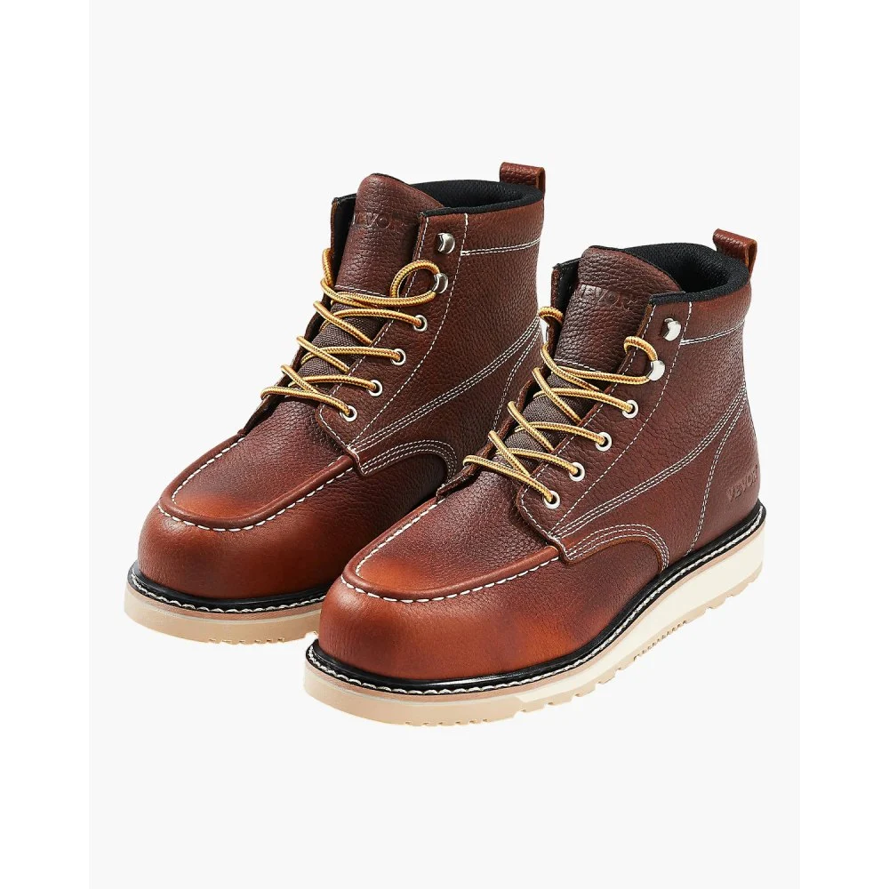 VEVOR Steel Toe Work Boots, US Size 10.5, Waterproof Moc Toe Work Boots for Men, Slip-Resistant Work Boot, Lightweight and Breathable EVA Rubber Sole Mens Boots for Industry Construction, Brown