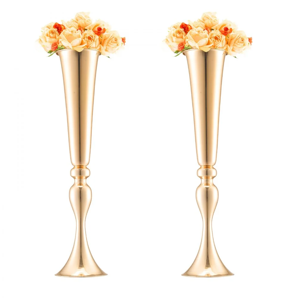 VEVOR 2PCS 56cm/22.05” Tall Wedding Flower Vase, Metal Wedding Trumpet Centerpiece, Gold Floral Stand Display Rack for Tables Wedding Dinner Party, Anniversary Ceremony Birthday Event Decor