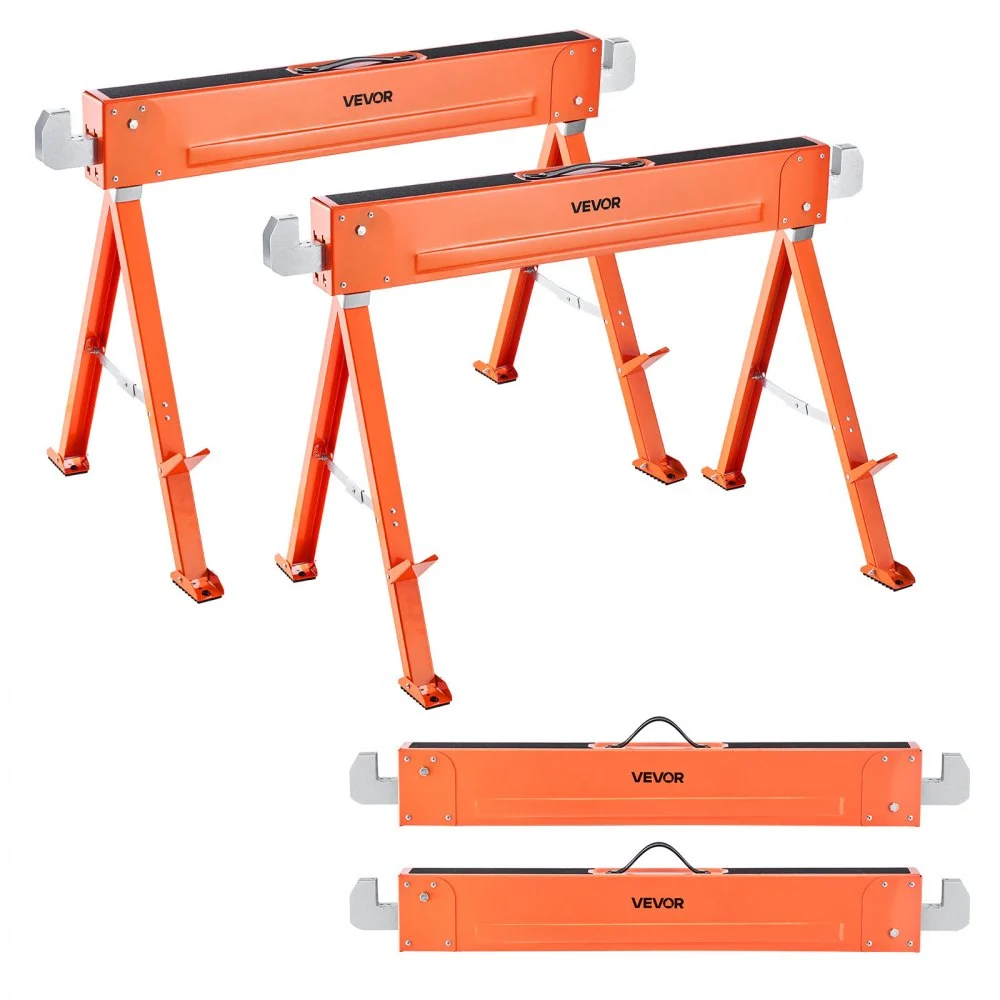 VEVOR Saw Horses, 2 Pack Folding Work Horses, 1323 lbs Load Capacity Sawhorse with Heavy Duty Legs, All-Metal Portable Saw Horse with Non-Slip Foot Pads, for Woodworking, Carpenters & Contractors