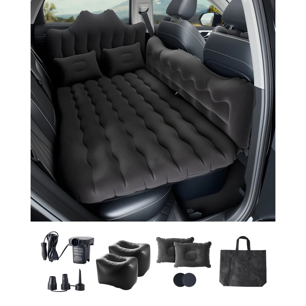 VEVOR Car Air Mattress, Inflatable Back Seat Car Camping Mattress, Flocking Travel Beds, Durable Portable Sleeping Pad with Air Pump, 2 Pillows, Nozzle, Carry Bag, Fits Most SUV MPV Sedan, Black