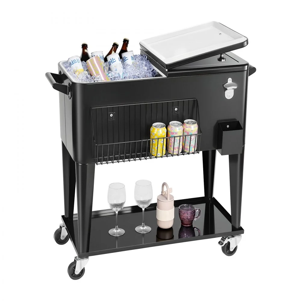 Summer Sale
VEVOR 80 Quart Rolling Ice Chest, Holds up to 50 Bottles / 110 Cans, Portable Patio Party Bar Drink Cooler Cart with Bottom Shelf, Beverage Pool with Side Basket and Bottle Opener, Black