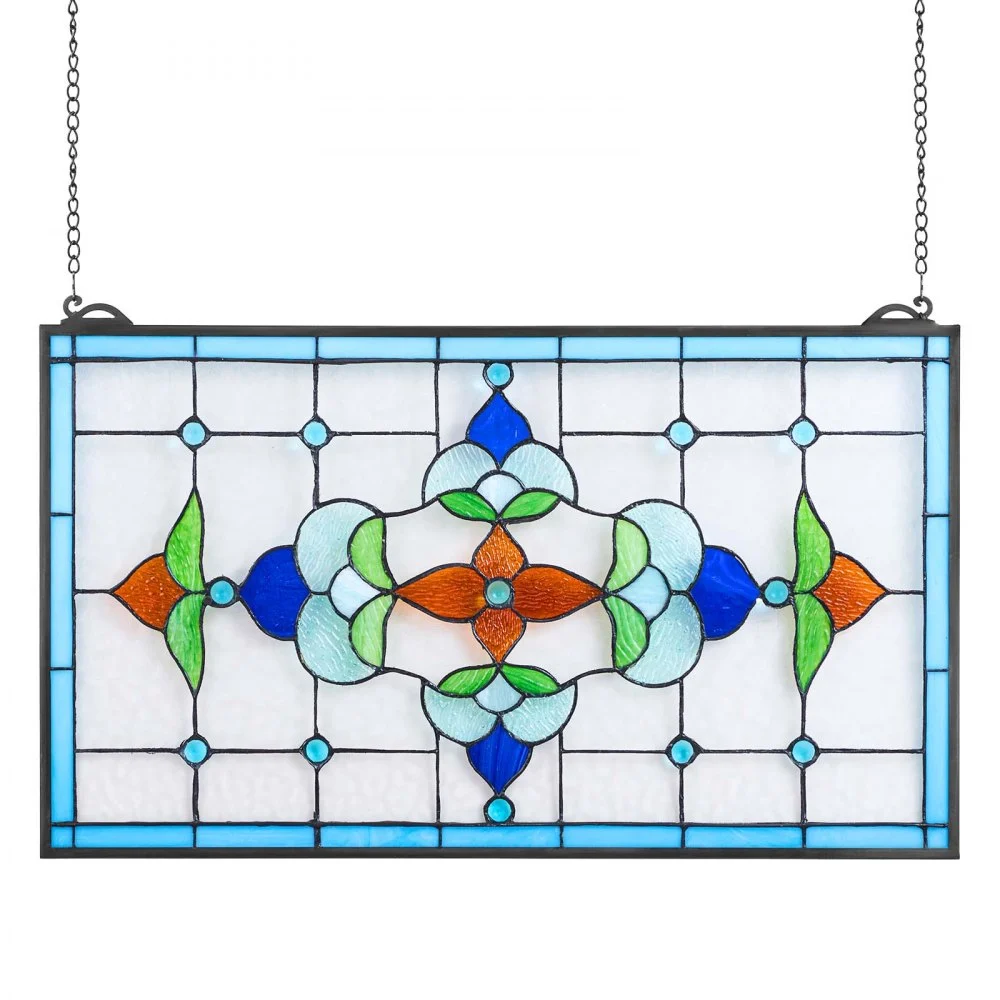 VEVOR Stained Glass Window Panel, 26 x 16 in, Tiffany Style Hanging Transom Window Panel with Chain, Large Horizontal Rectangle Stain Glass, Vintage Traditional Art Handcrafts for Kitchen Home Decor