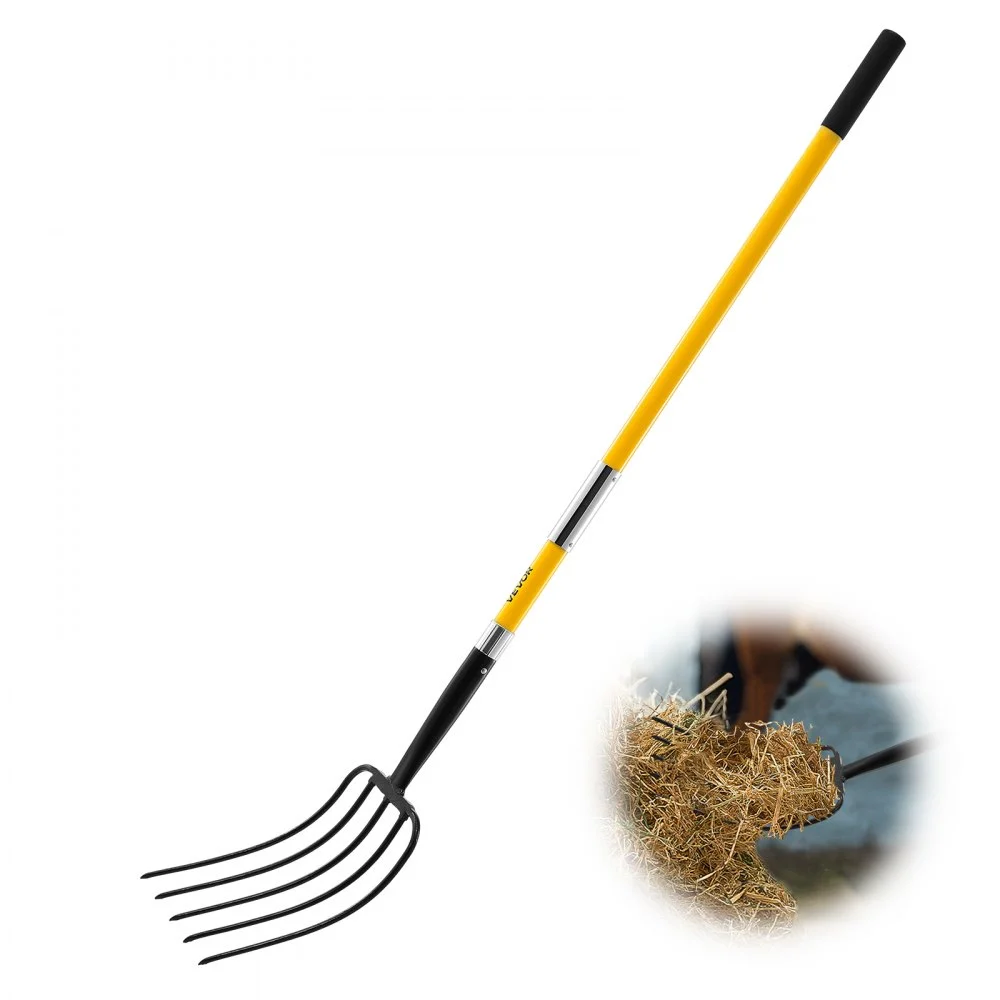 VEVOR Garden Fork, 5-Tine Gardening Pitchfork with Fiberglass Handle, 57 in Heavy Duty Digging Fork with Y Grip, Forged Steel Spading Fork for Hay Potato Composting Transplanting Aeration